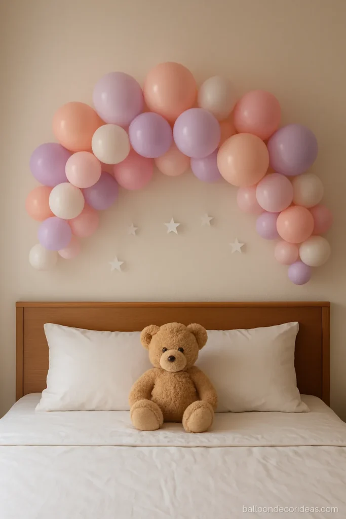 Baby girl birthday balloon decoration with a peach and lilac garland over a bed