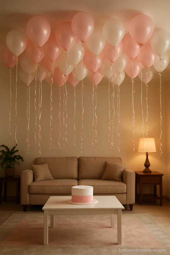 Baby girl first birthday balloon decoration with pink and white balloons on the ceiling