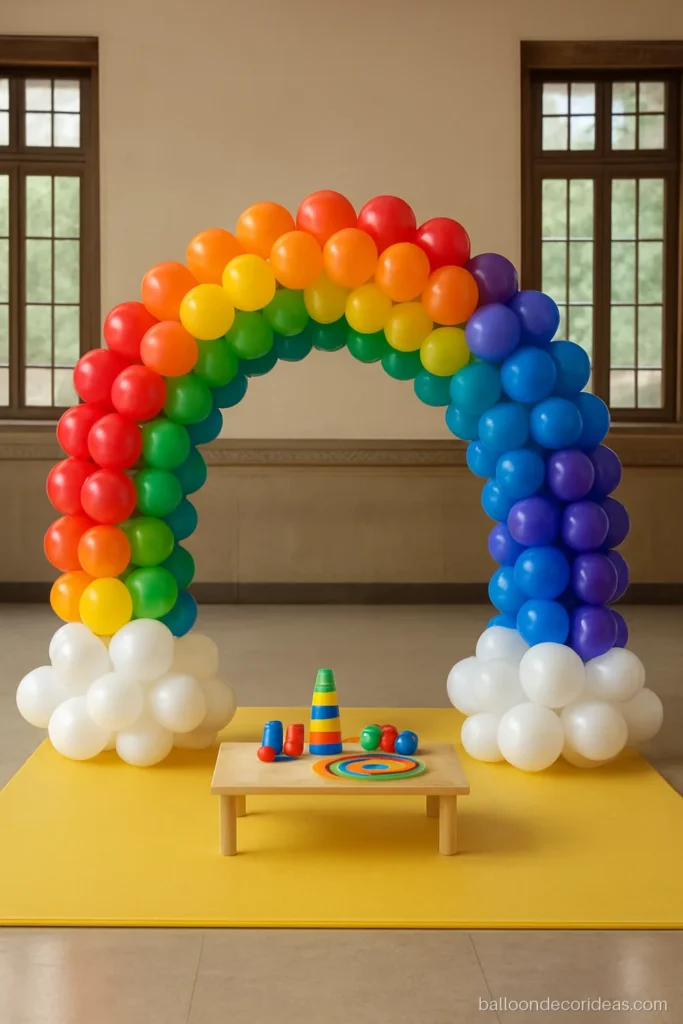 Kids birthday balloon decoration with a rainbow arch over a games corner