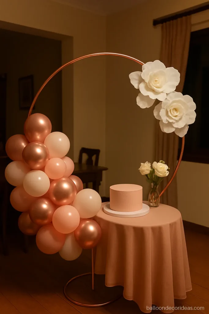 Girl birthday balloon decoration with a rose gold hoop and white paper flowers