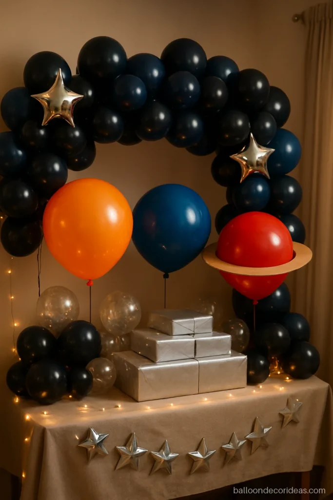 Balloon decoration for kids birthday with a space theme gift table and planet balloons