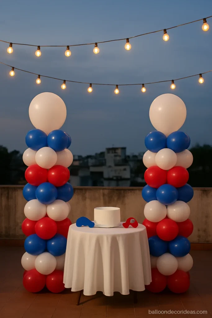 Balloon decoration for boys on a terrace with two blue and white balloon columns