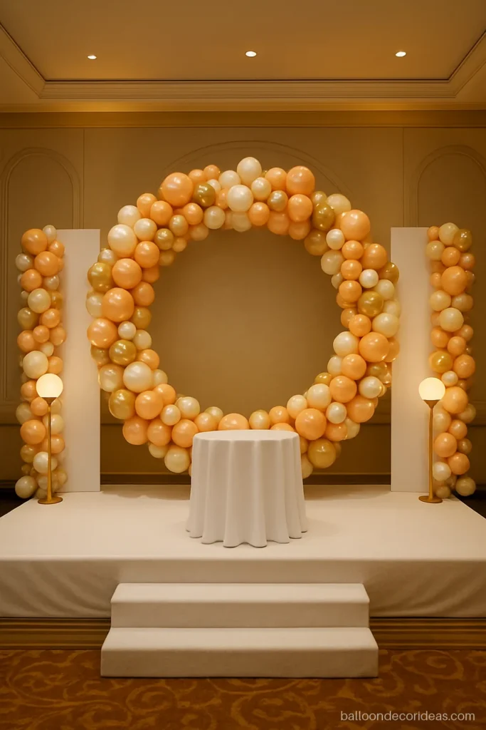 Stage balloon decoration for birthday with a ring and two white panels in peach and gold