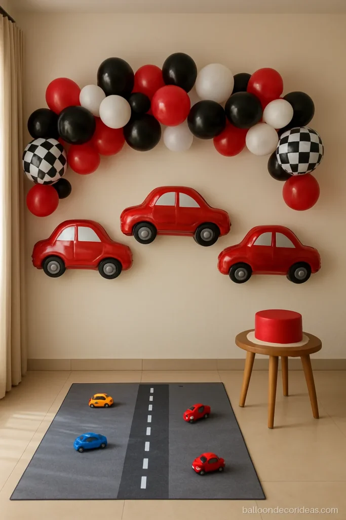 Car theme balloon decoration for a kids birthday party with red and black balloons