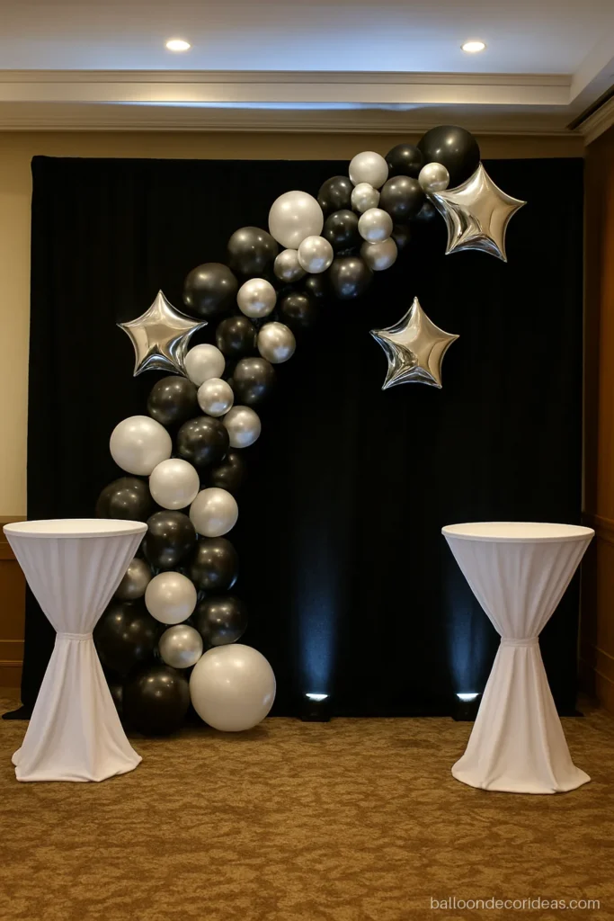 Event balloon decoration on a stage backdrop in black, silver and white chrome