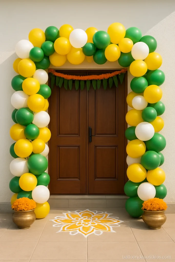House warming balloon decoration at a front door with yellow, white and green balloons
