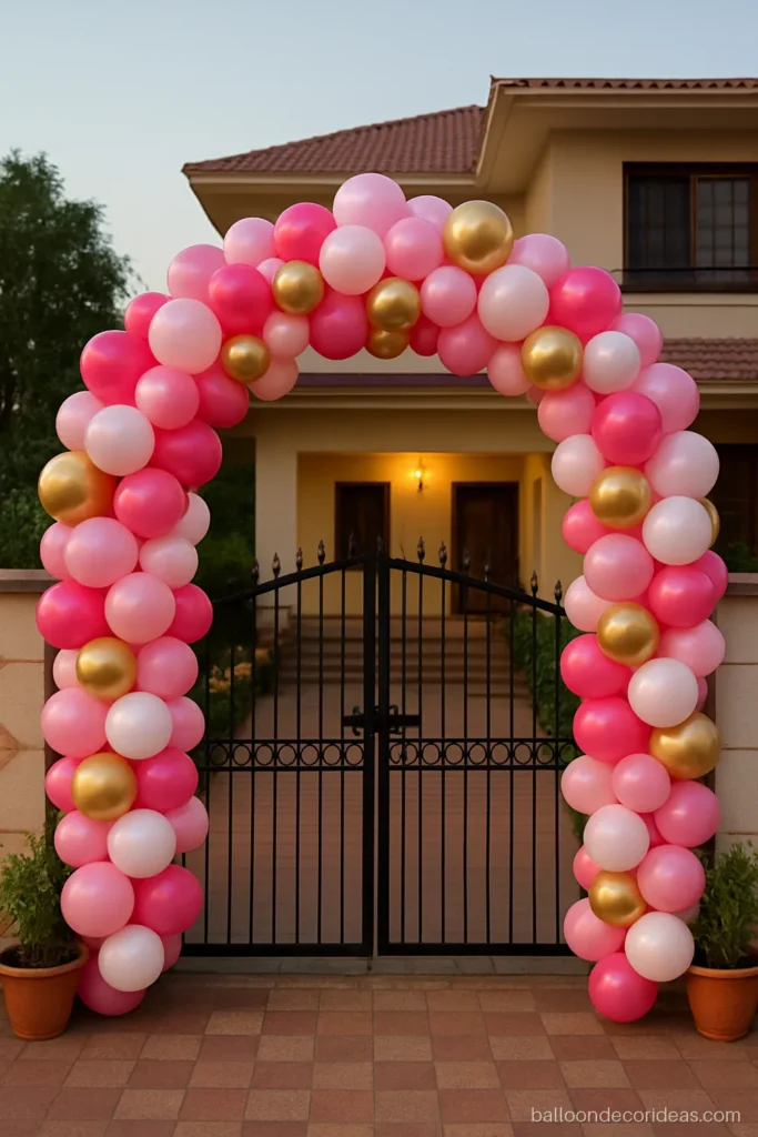 Birthday balloon gate decoration with a full arch over a house main gate in pink and gold