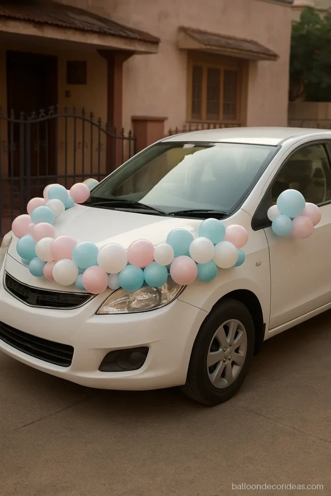 Balloon car decoration for newborn baby homecoming with pastel balloons on a white car