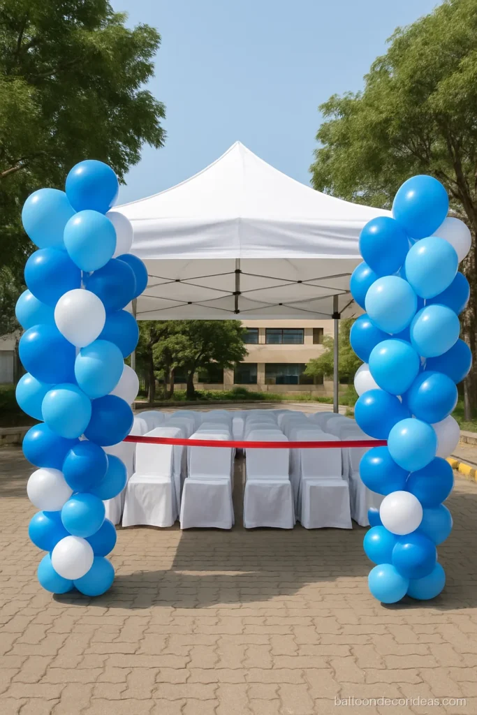 Outdoor balloon decoration for an opening ceremony with blue and white balloon clusters