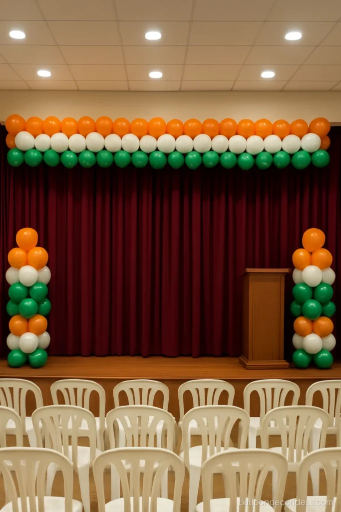 Balloon decoration on stage for a school annual day in saffron, white and green