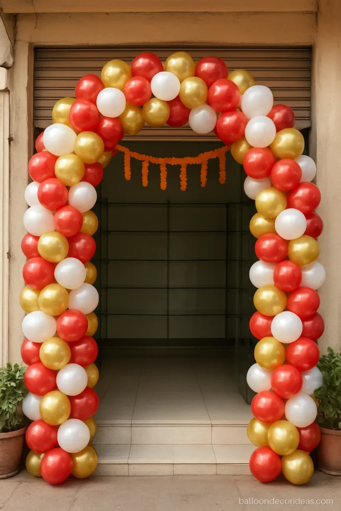 Balloon decoration for shop opening with a red and gold arch over a shop entrance