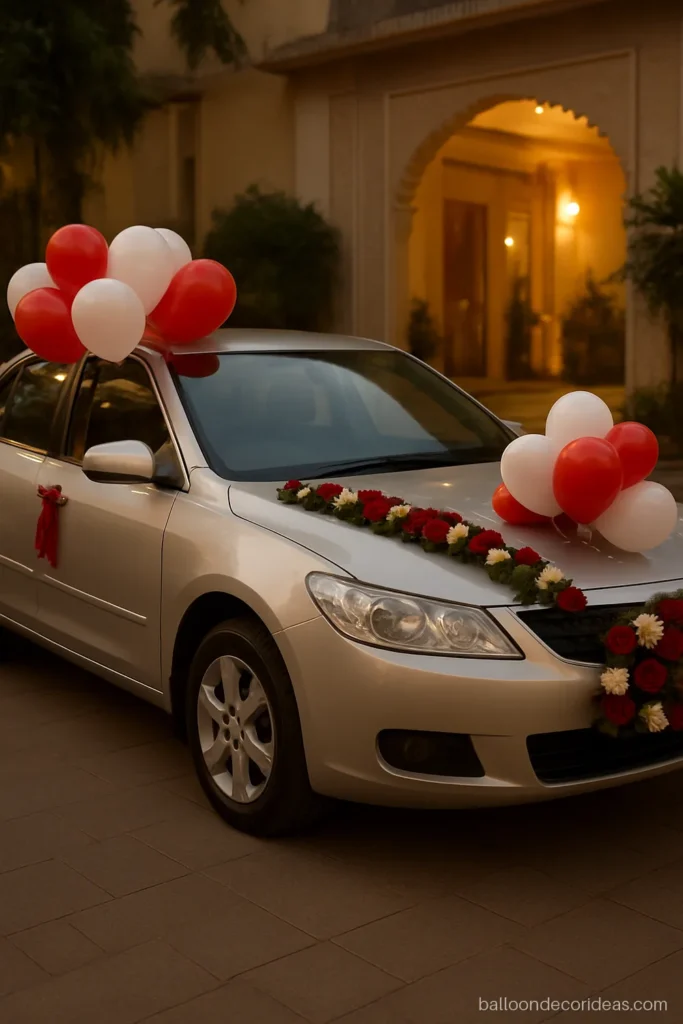 Car decoration balloon setup for a wedding with red and white heart balloons on the bonnet