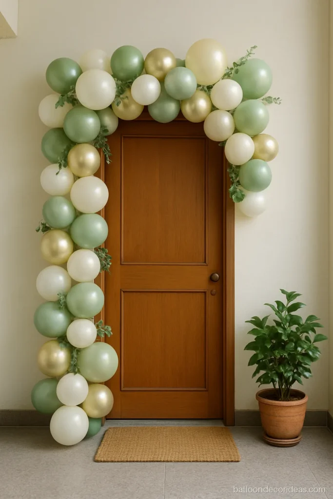 Welcome home balloon decoration around a flat door with white and sage green balloons