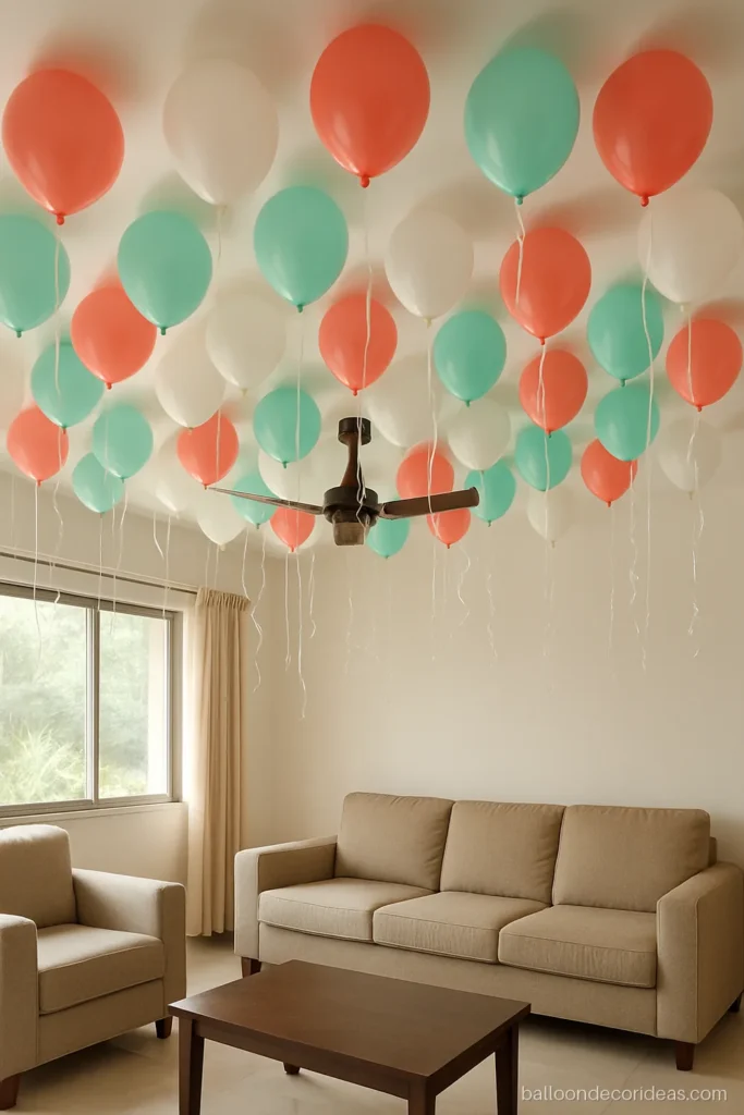 Low budget balloon decoration with balloons on the ceiling and curled ribbons