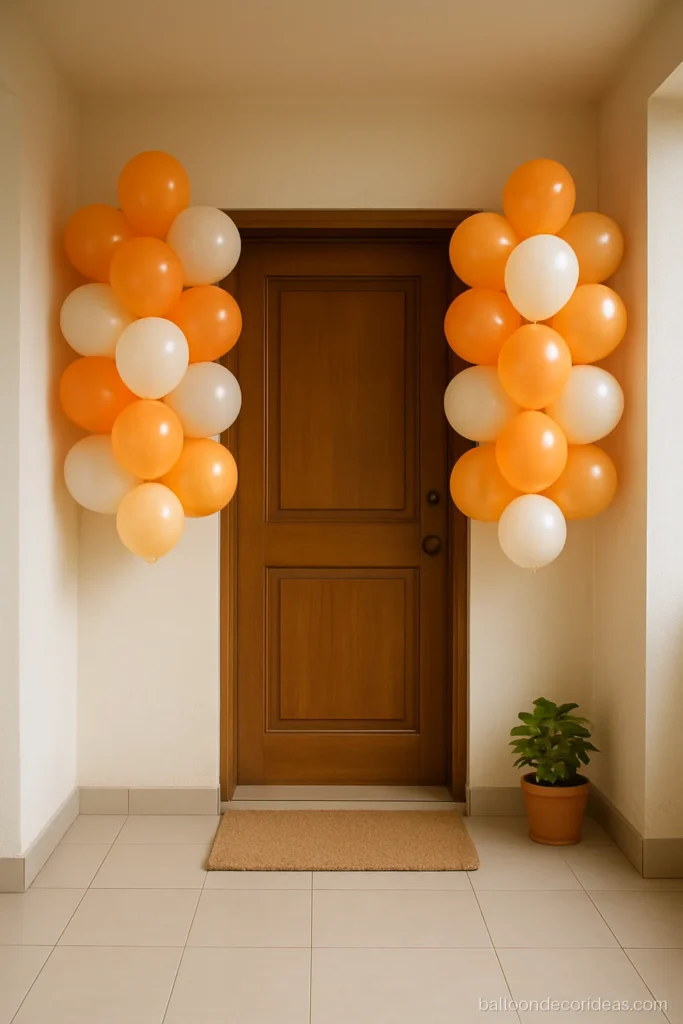 Simple balloon clusters in orange and white tied on both sides of a door