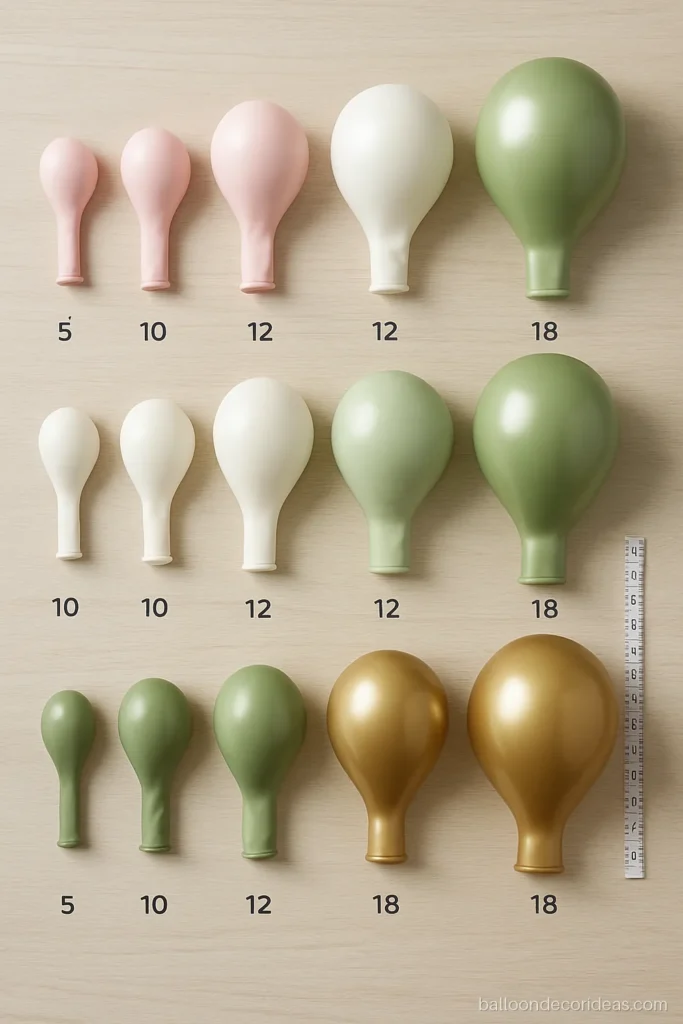 Flat lay of uninflated latex balloons in 5, 10, 12 and 18 inch sizes