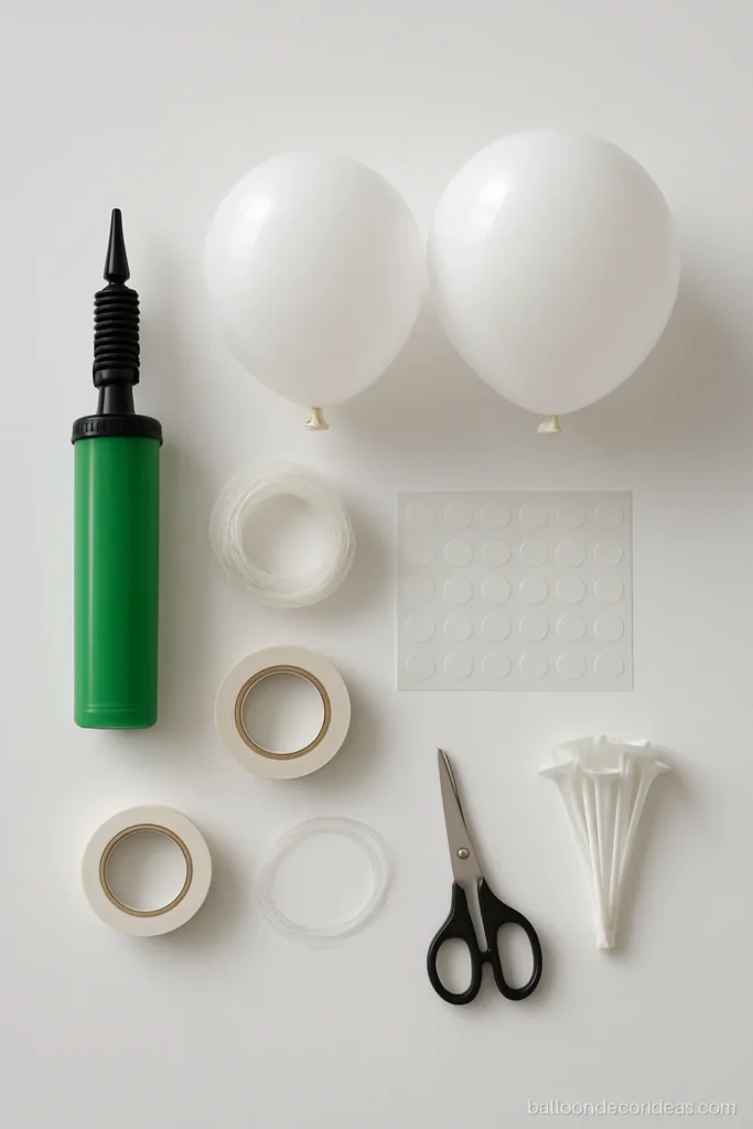 Balloon decoration items flat lay with hand pump, glue dots, tape and arch strip