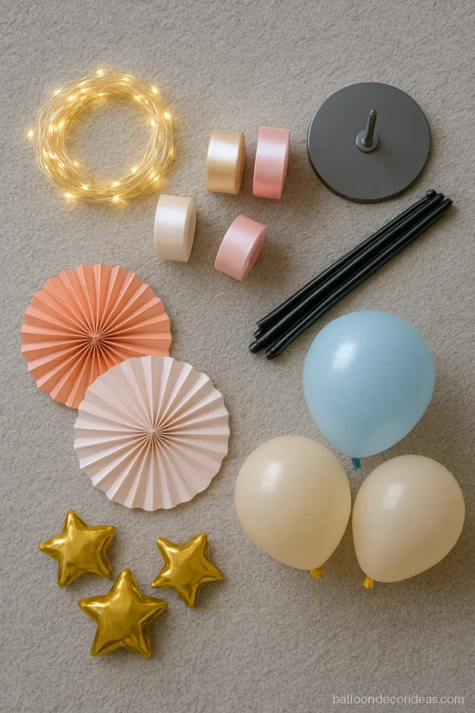 Flat lay of ribbons, a ring stand base, fairy lights and paper fans for balloon decor