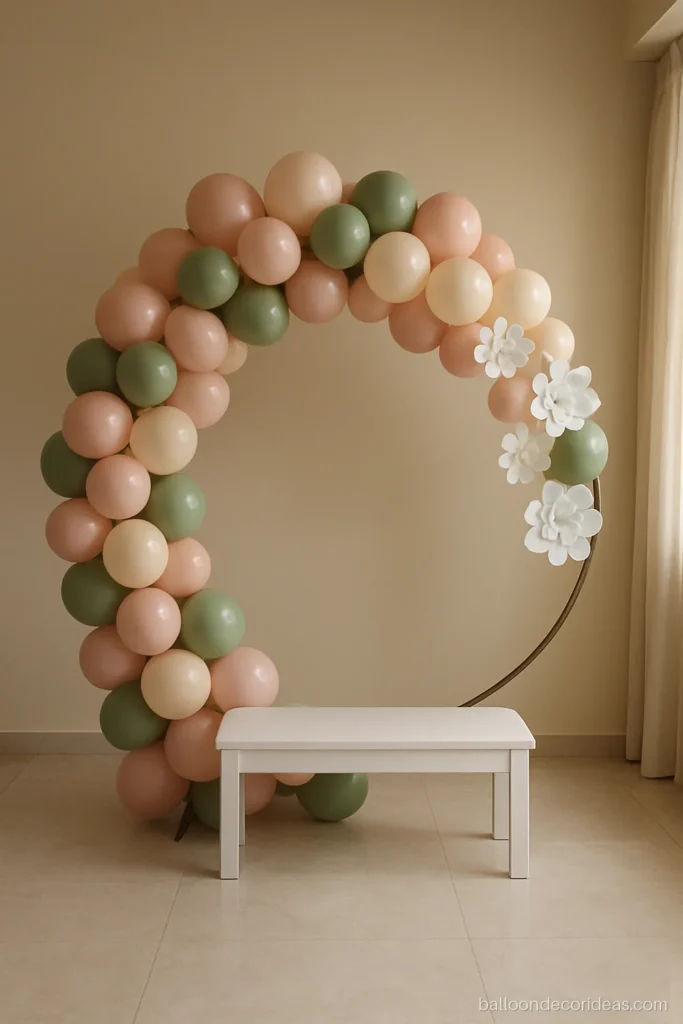 Six foot round balloon ring backdrop in blush and sage as a size reference
