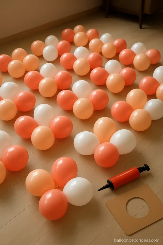 Close-up of tied four balloon clusters laid on the floor ready for an arch