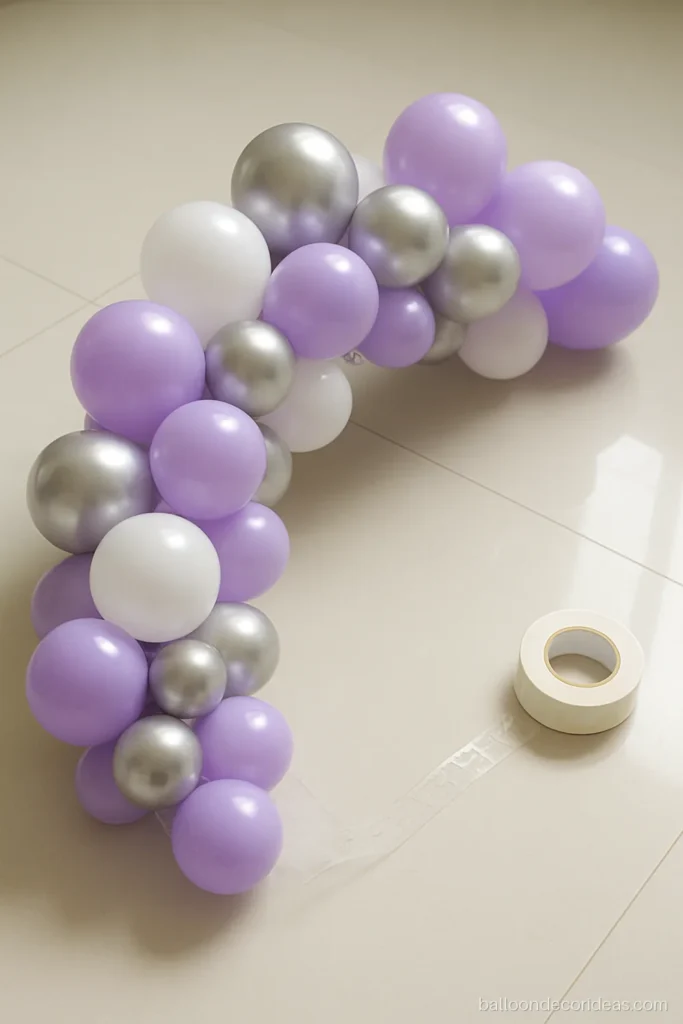Close-up of a balloon garland section on an arch strip before hanging