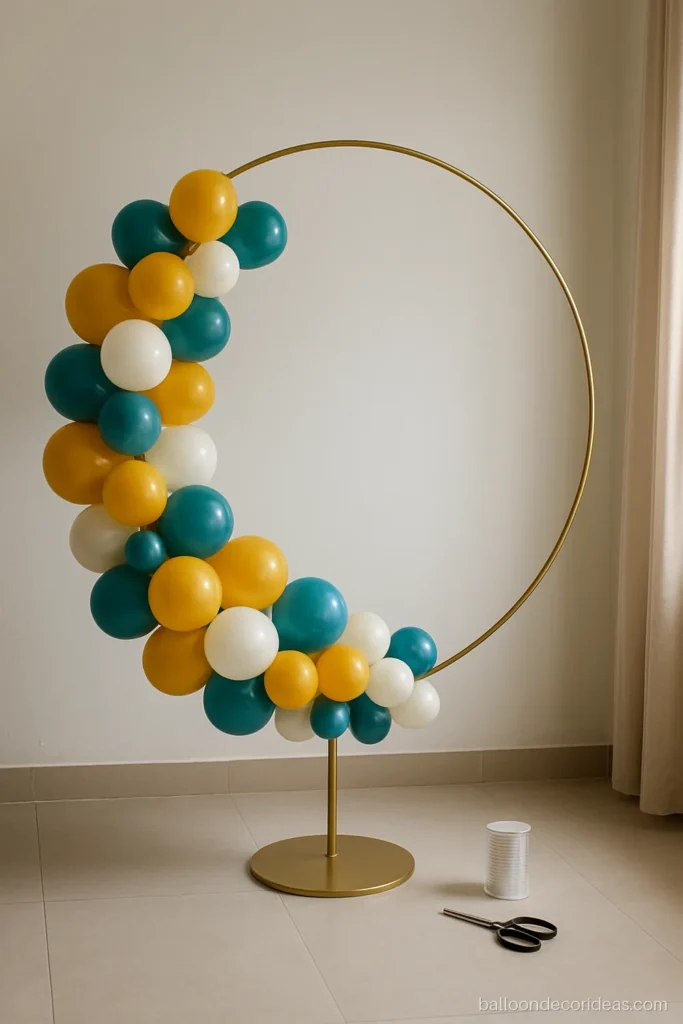 Three-quarter view of a balloon garland tied to a ring stand with fishing line