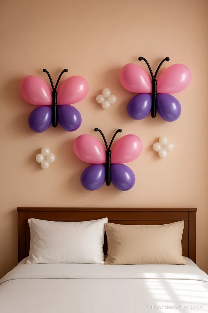 Butterfly balloon decoration for birthday with large butterfly shapes made of balloons