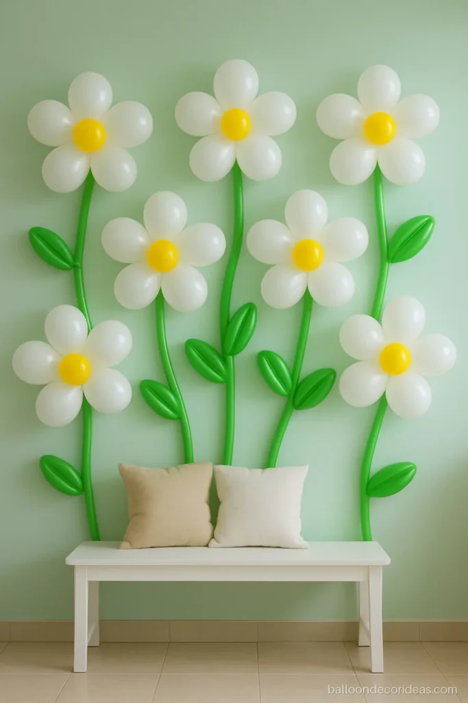 Flower balloon decoration with white and yellow balloon daisies on a pastel wall