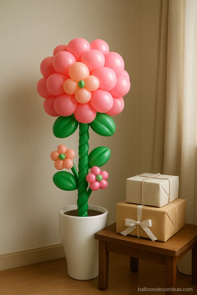 Balloon tree decoration with pink and green balloon flowers in a white pot