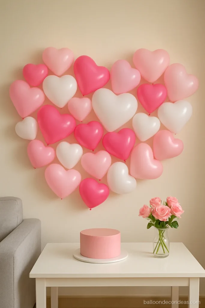 Heart shape balloon decoration for birthday with pink and white heart balloons on a wall