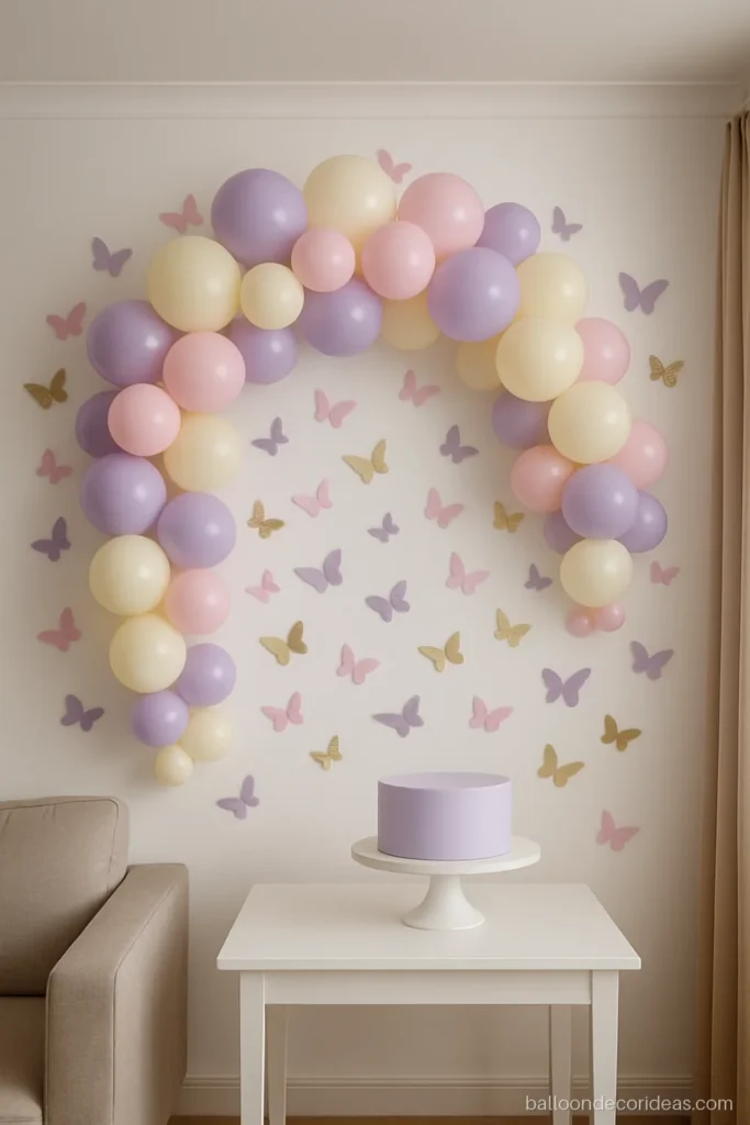 Butterfly theme balloon decoration with a lilac and pink garland and paper butterflies