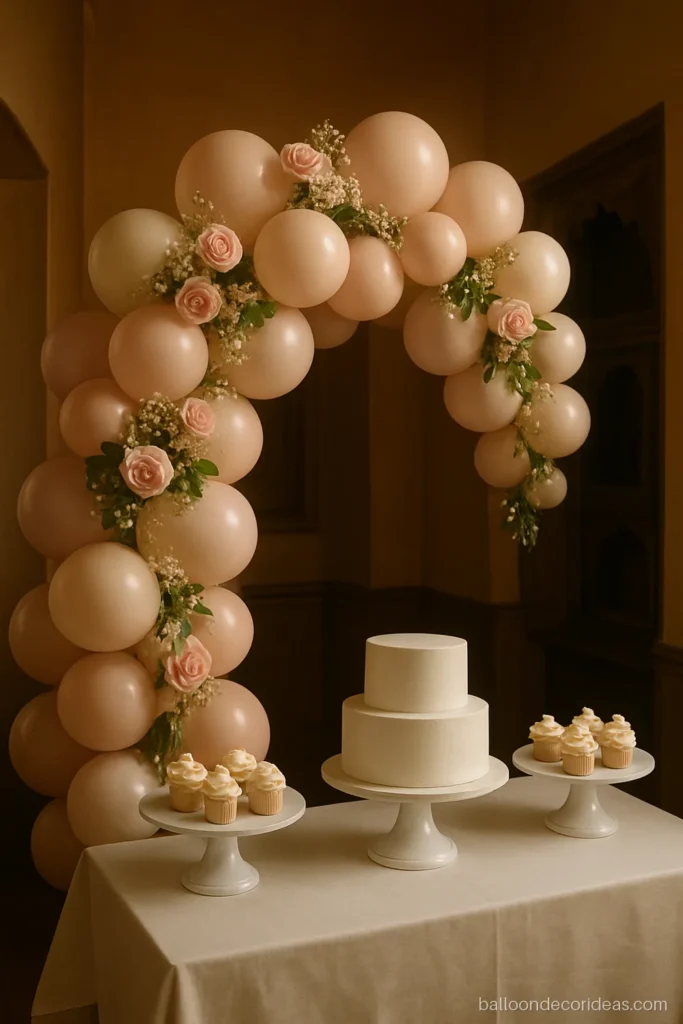 Balloon and flower decoration with blush balloons and fresh pink roses on a dessert table