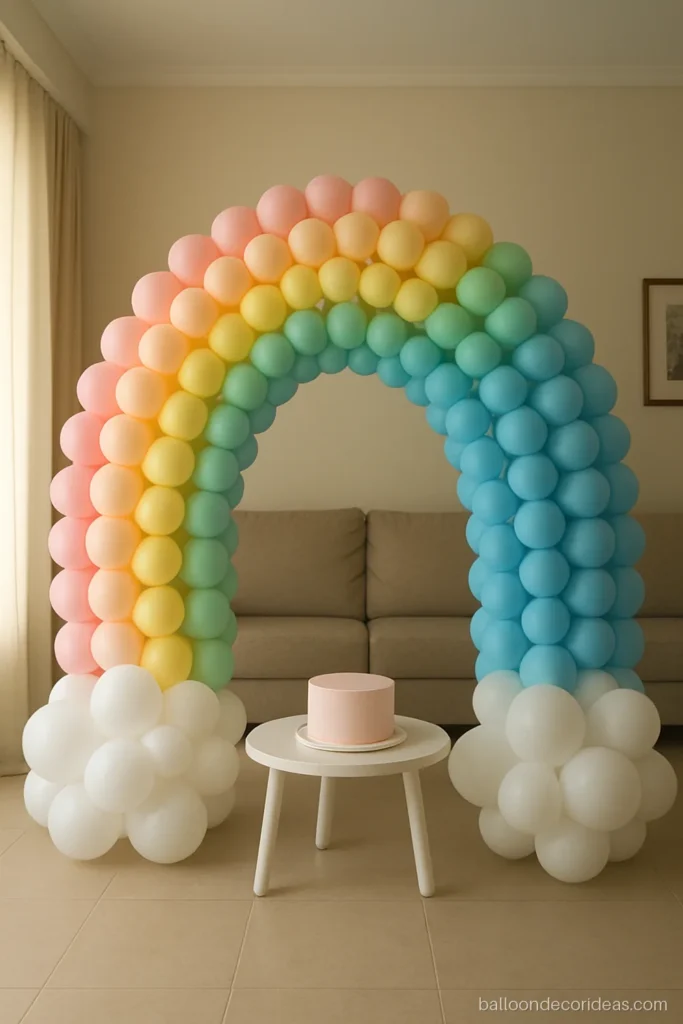 Rainbow balloon decoration with a pastel arch and white balloon clouds at both ends