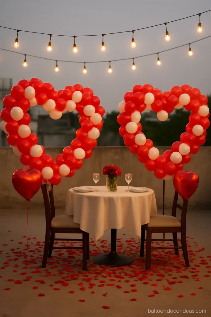 Red heart balloon decoration with two standing heart frames and red rose petals