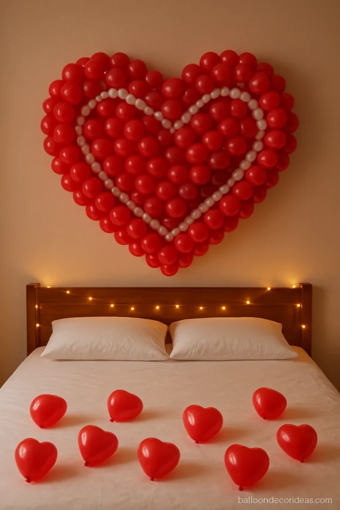 Heart shape balloon decoration on a bedroom wall with a red 5 inch balloon frame