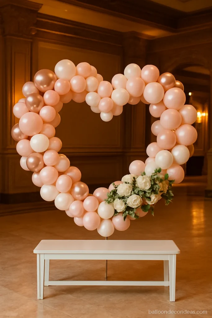Rose gold balloon decoration with a heart shaped ring frame and white flowers
