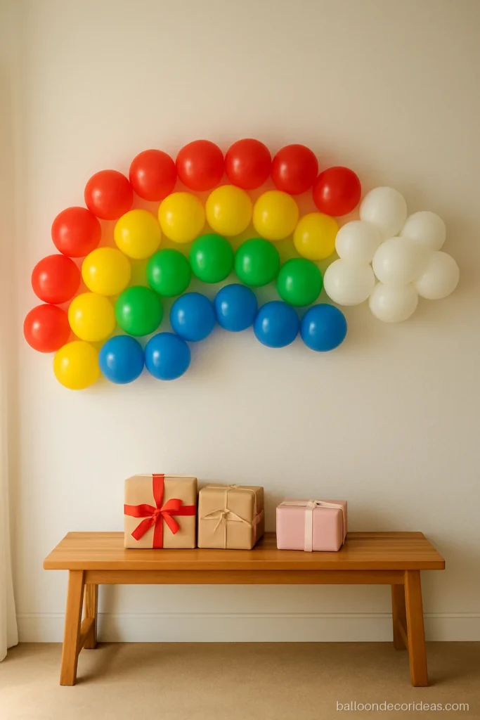 Simple rainbow balloon decoration on a wall using straight colour stripes of balloons