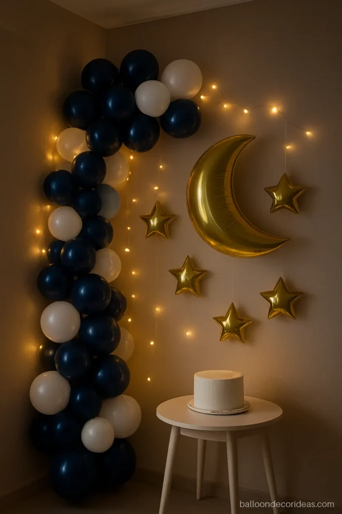 Star balloon decoration with a half moon and gold stars in a navy night sky corner