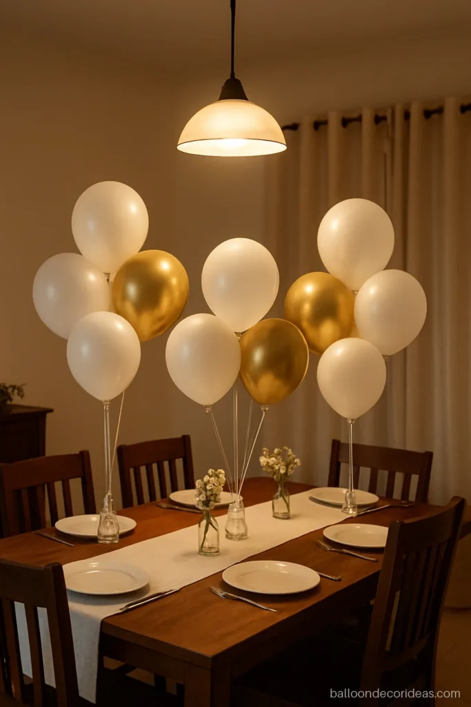 Adult birthday dinner table balloon decoration in white and gold with low weighted bunches