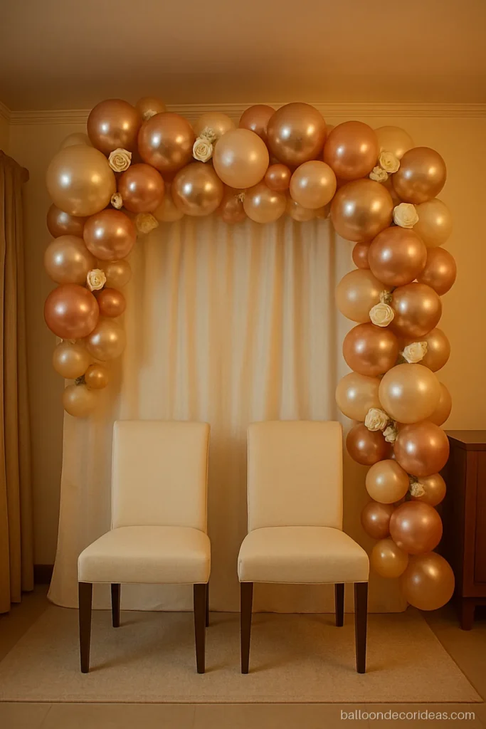 Anniversary balloon decoration backdrop in champagne and rose gold with fresh flowers