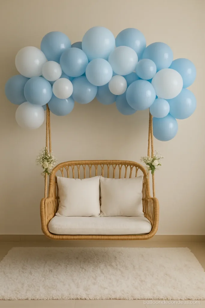 Baby balloon decoration with a white cloud garland over a cane swing for a baby shower