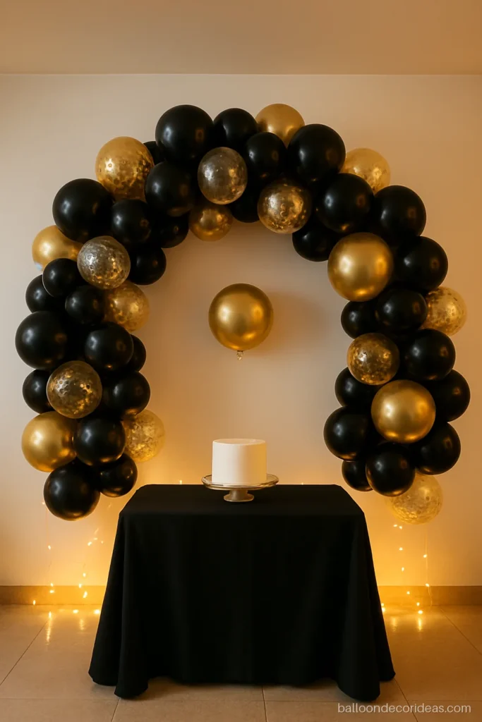 Black and gold balloon decoration design for a milestone birthday with plain round foils