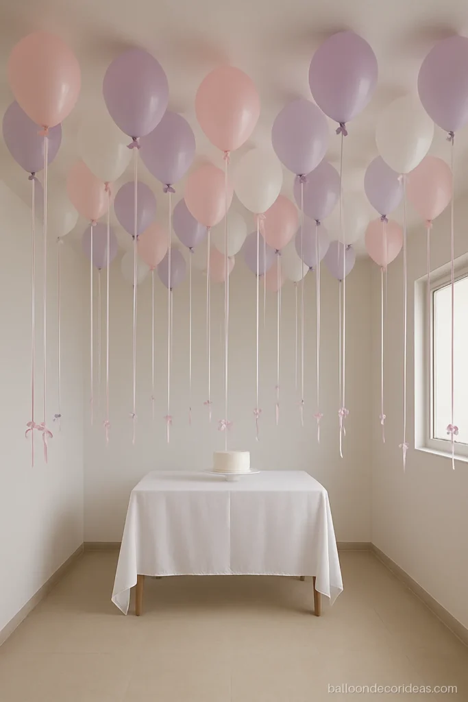 Ceiling balloon decoration with bow ribbons and pastel balloons in a hall