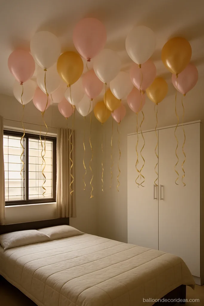 Roof balloon decoration with helium balloons and curling ribbons in a small room