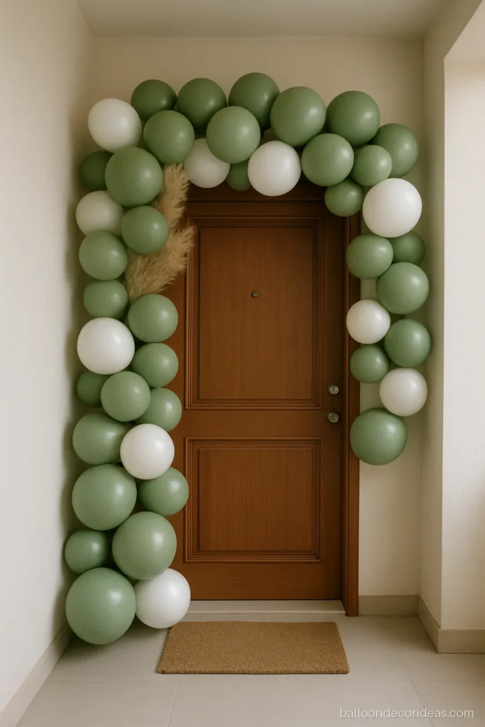 Balloon decoration around a home door frame in green and white for a welcome