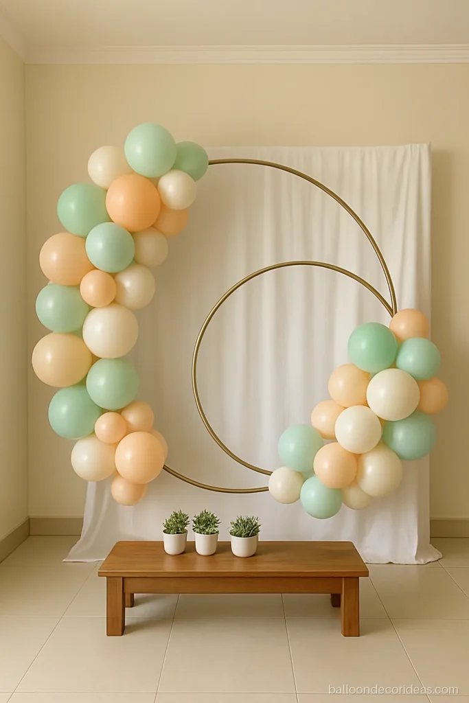 Double ring balloon decoration in pastel mint and peach for a baby shower