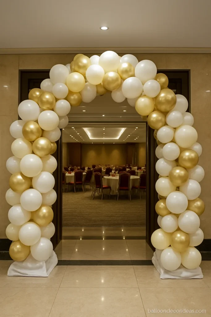 Full balloon arch decoration in white, cream and gold over a hall entrance