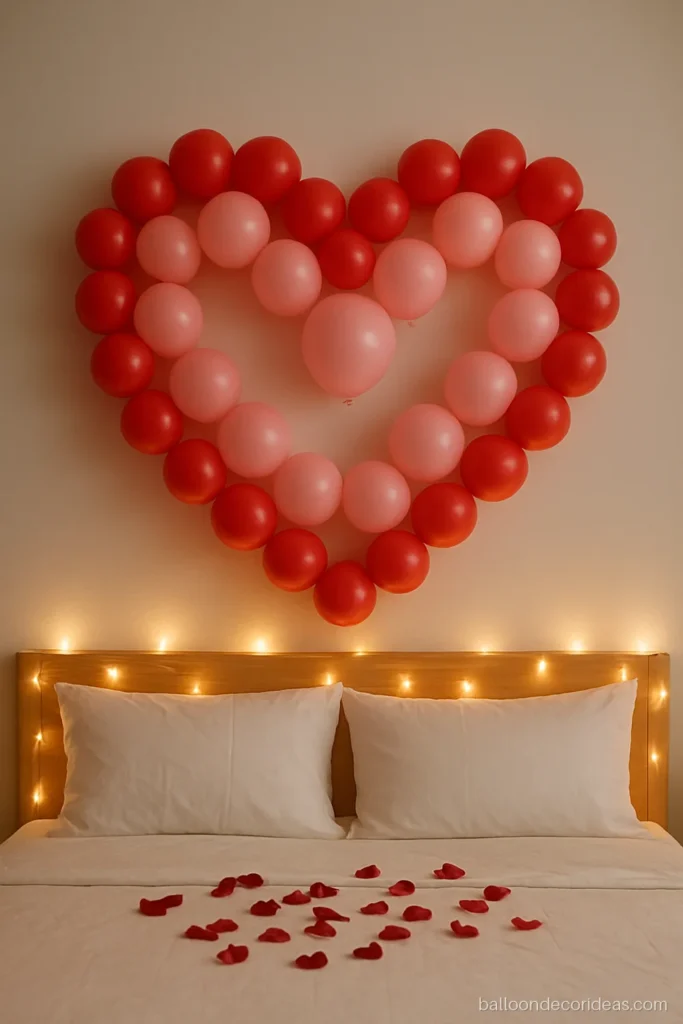 Heart shape balloon wall in red and pink above a bed for a surprise