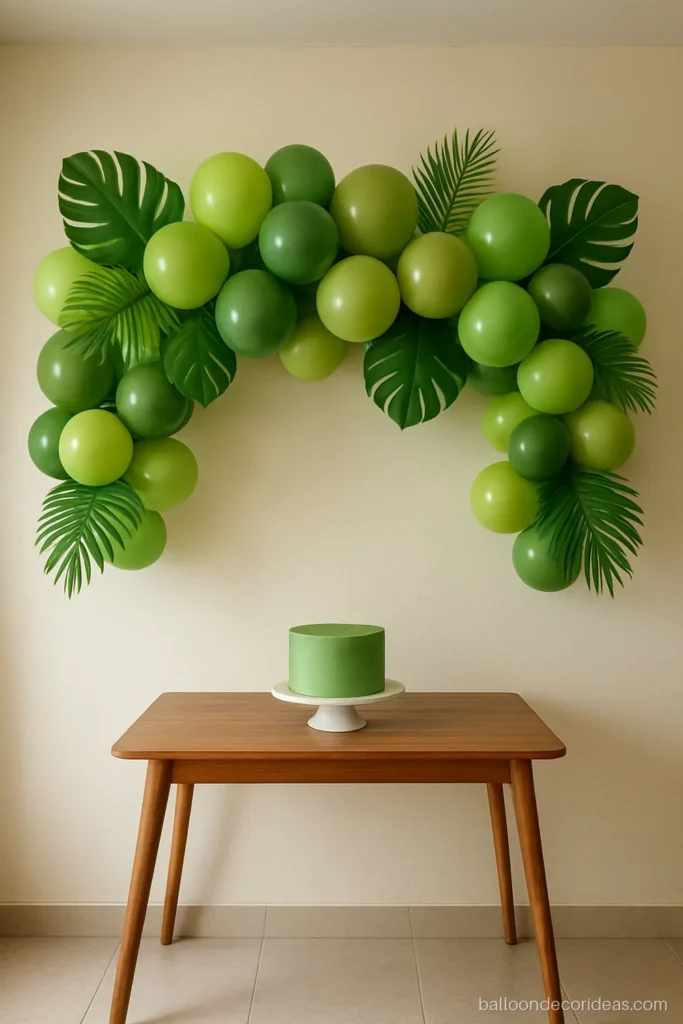 Jungle theme balloon decoration with green garland and big tropical leaves