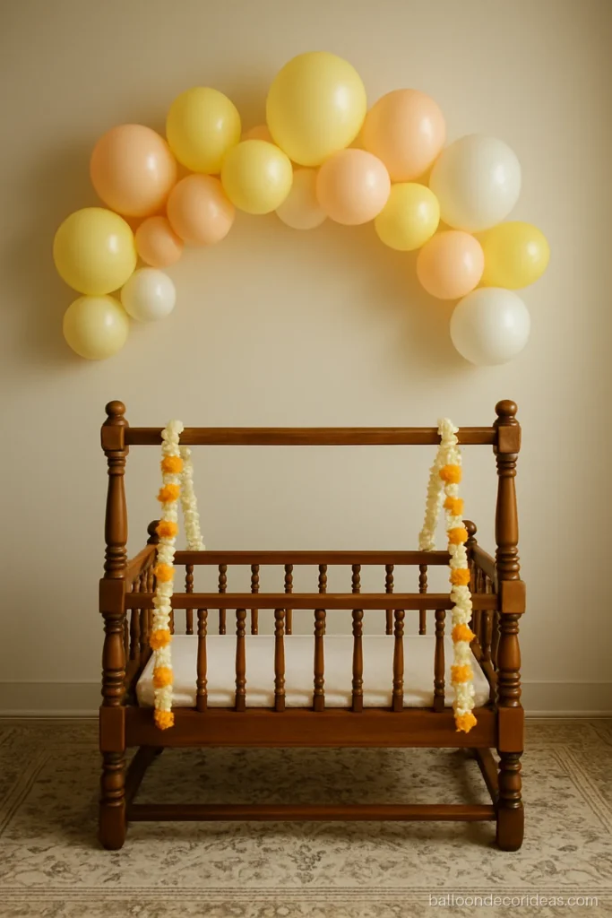 Naming ceremony balloon decoration with a pastel garland over a decorated cradle
